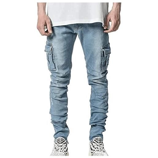 ORANDESIGNE jeans da uomo elasticizzati pantaloni cargo strappati denim moda casual skinny jeans slim fit stile militare pantaloni a matita casual e nero m