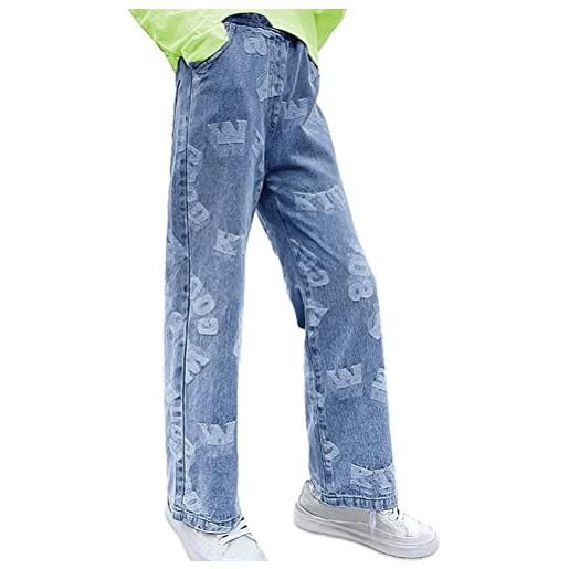 Onsoyours jeans bambino pantaloni lunghi in denim blu dritto fori vintage per bambini hip hop ragazza pantalone tuta casual con tasche ragazze pants azzurro#3 11-12 anni