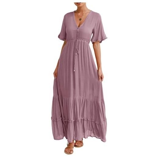 R.Vivimos women's summer boho v neck button up short sleeve bohemian print ruffle hem beach style long maxi dress vocation dress(s, darkblue)