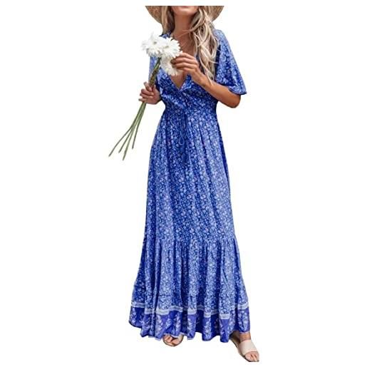 R.Vivimos abito boho estivo donna abito sexy scollo a v bottoni manica corta vestito elegante con volant orlo abito lungo maxi da spiaggia casual per le vacanze(s, beige-floral)