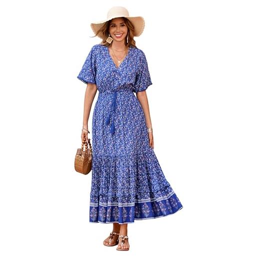 R.Vivimos abito boho estivo donna abito sexy scollo a v bottoni manica corta vestito elegante con volant orlo abito lungo maxi da spiaggia casual per le vacanze(xl, blu)