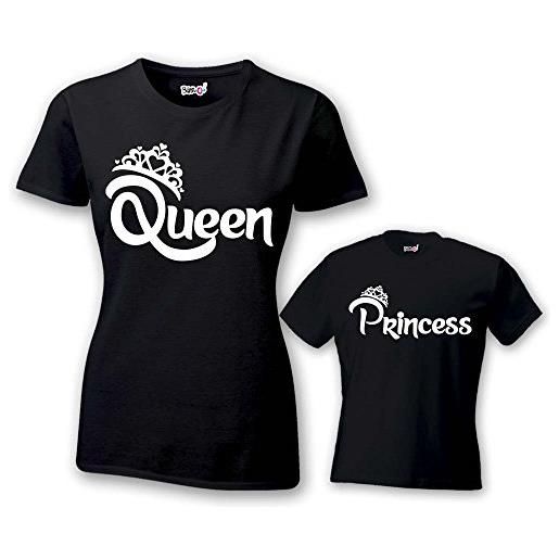 Babloo coppia di t shirt donna bambino festa della mamma queen and prince princess con corona t-shirt nere queen e princess donna s - bimbo 3-4 anni