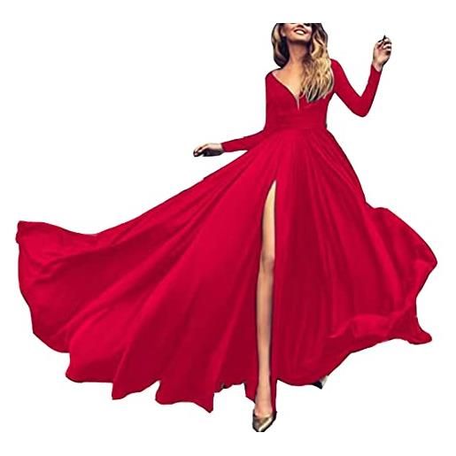 ORANDESIGNE vestiti da cerimonia donna abito con spacco scollo a v irregolare manica lunga elegante abito da sera e cerimonia cocktail (a rosso, m)
