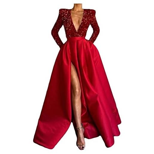ORANDESIGNE abito da sera donna profondo scollo a v maniche lunghe linea ad a lungo abito con spacco paillettes abito in raso a vita alta g rosso l