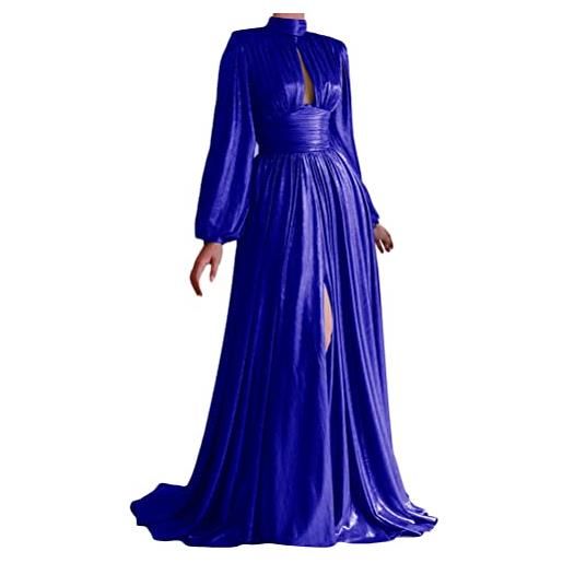 ORANDESIGNE vestiti della sera e cerimonia donna vestito lungo elegante scollo a v profondo vestito a pieghe velluto abito monospalla spacco laterale abito maxi damigella inverno e blu xl