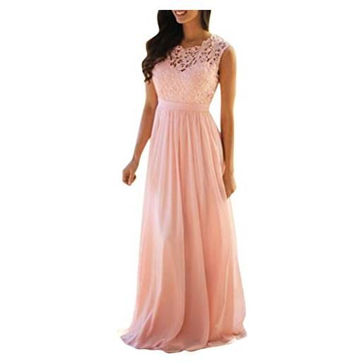 Minetom donna vestito lungo pizzo abito da cerimonia elegante vestiti da matrimonio lunghi senza maniche formale banchetto sera maxi dress a rosa 48