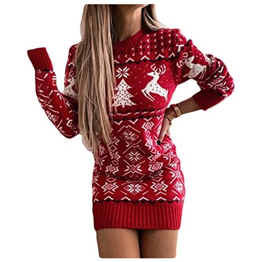 ORANDESIGNE mini abito da donna vestito di natale maglione slim abito manica lunga pullover lavorato a maglia maglioni natalizi aderente abito top b-rosso xs