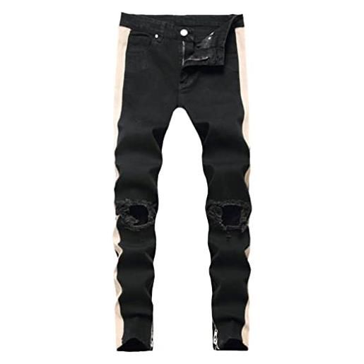 HWYBHT mens cotone strappato hole jeans casual skinny bianco a righe jeans uomini denim pantaloni cerniera pantaloni, nero(2205), xxl