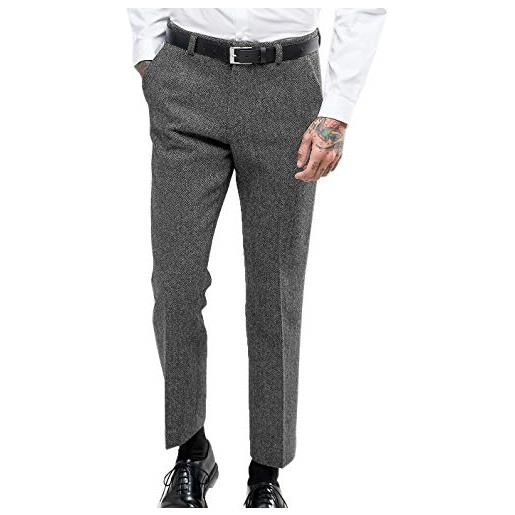 HSLS pantaloni da completo vintage a spina di pesce da uomo, pantaloni in tweed con parte anteriore piatta in lana spessa marrone 34