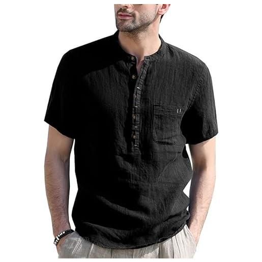 HENGNICE camicia da uomo estate new top t-shirt colletto alla coreana camicia da uomo in lino traspirante camicia a maniche corte in cotone e lino (color: black, size: m)
