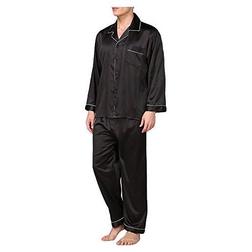 Siyova abbigliamento da notte uomo pigiama da uomo seta camicia a maniche lunghe bottoni in morbido con tasca + pantaloni lunghi larghi tessuto semplice pigiama da uomo (nero, xxl)