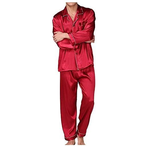 Siyova abbigliamento da notte uomo pigiama da uomo seta camicia a maniche lunghe bottoni in morbido con tasca + pantaloni lunghi larghi tessuto semplice pigiama da uomo (rosso, l)