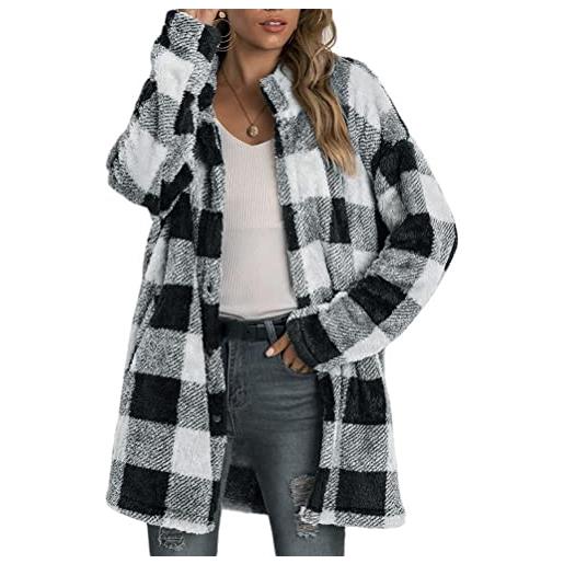 ORANDESIGNE giacca scozzese donna giacche pile pelliccia sintetica elegante cappotto invernale bottoni cardigan capispalla peloso casuale sherpa jacket blu 02 xl