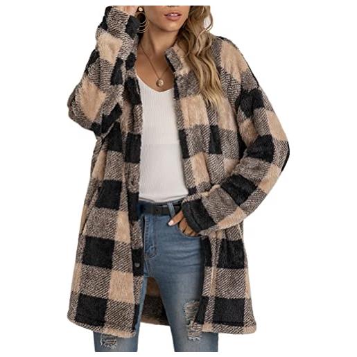 ORANDESIGNE giacca scozzese donna giacche pile pelliccia sintetica elegante cappotto invernale bottoni cardigan capispalla peloso casuale sherpa jacket cachi l