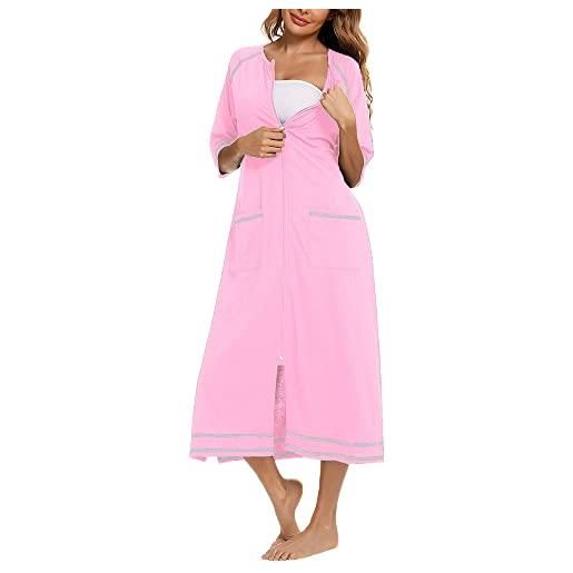 DAIHAN camicia da notte lunga casual da donna, comoda camicia da notte prémaman l'allattamento vestaglia con zip, loungewear con tasche, rosa, l