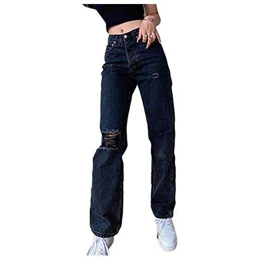 Minetom donna strappati jeans casual elasticizzati pantaloni in denim lunghi pants b blu m