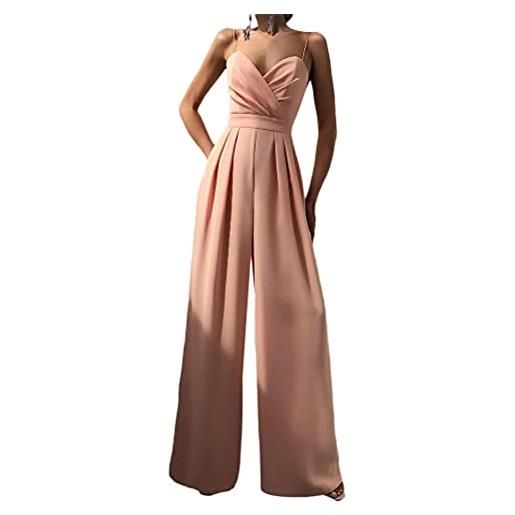 Minetom jumpsuit da donna elegante scollo a v tinta unita playsuit tuta cerimonia cocktail overall monopezzi tutine b rosa m