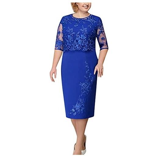 Minetom abito donna floreale pizzo tinta unita elegante girocollo midi vestito cerimonia festa sera d navy m