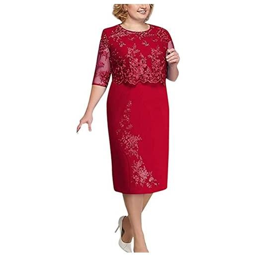 Minetom abito donna floreale pizzo tinta unita elegante girocollo midi vestito cerimonia festa sera a navy 3xl