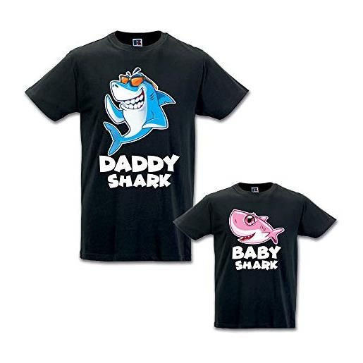 Babloo coppia di t-shirt padre figlio daddy shark and baby shark nere maschietto uomo xl - bimbo 3-4 anni