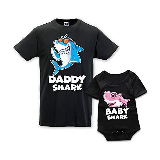 Babloo coppia di t-shirt padre figlio daddy shark and baby shark nere maschietto uomo s - bodino 9 mesi