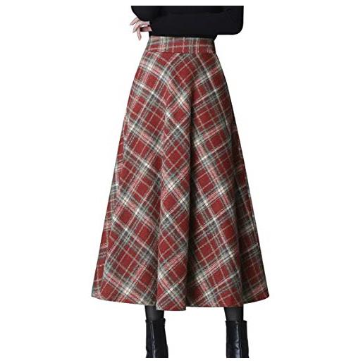 Moviendress gonna a vita alta donna lunga scozzese lana invernali vintage caldo quadri eleganti pieghe gonna lunghe (xxl, arancione rosso)
