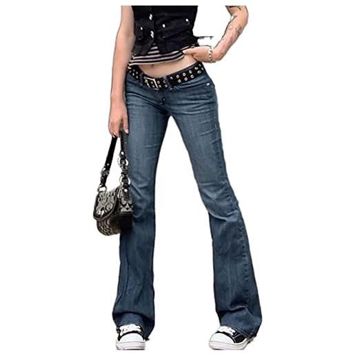 Qtinghua gothic cargo pants for women goth low waist trousers straight baggy wide leg denim jeans 2022 e-girl streetwear (c-dark blue, small)