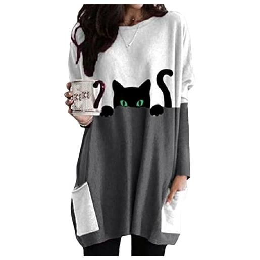 Onsoyours maglietta a maniche lunghe da donna con motivo di gatto stampa patchwork casual con scollo rotondo lunga top pullover per inverno e primavera b blu xl