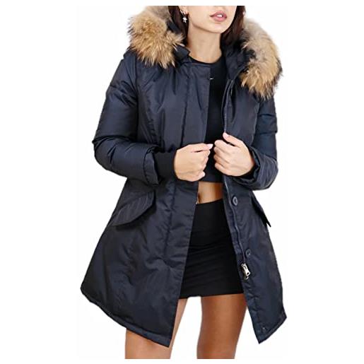 JOPHY & CO. piumino donna con cappuccio e vera pelliccia cruelty free (cod. 881092) (piombo maps, xs)