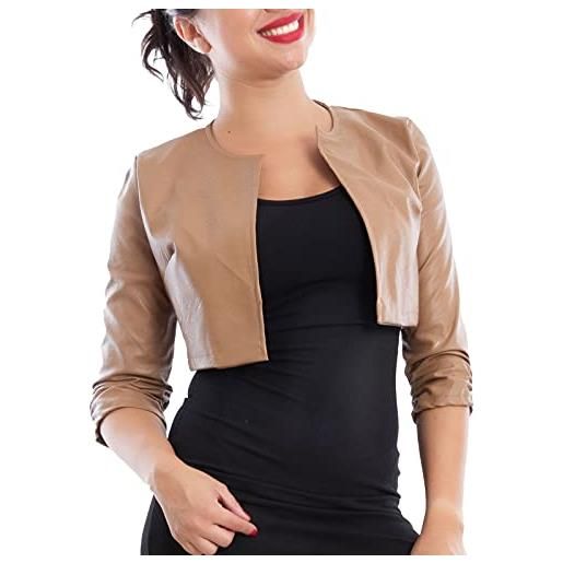 Toocool giacca donna corta ecopelle bolero senza chiusura arricciato vb-10381 [xl, marrone scuro]