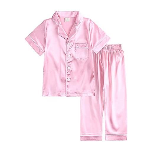 Verve Jelly ragazzi ragazze pigiama set raso di seta pjs camicia a maniche lunghe top + pantaloni bambini 2 pezzi indumenti da notte bottoni da notte rosa 130 6-7 anni