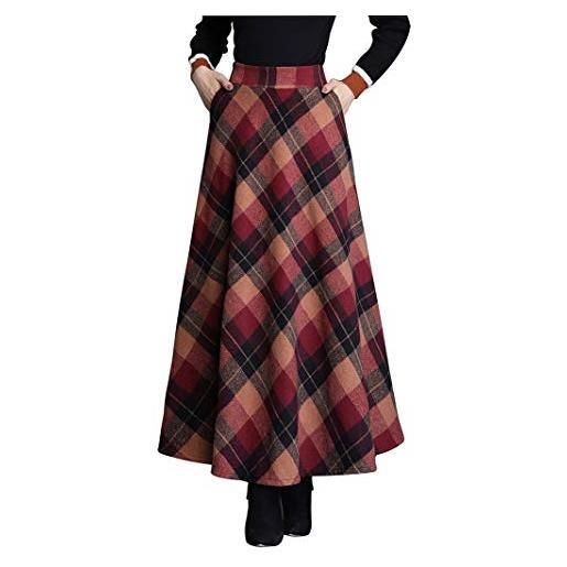 Moviendress donna vita alta gonna lunga invernali vita elastica lana scozzese vintage caldo eleganti pieghe lunghe gonne (m, nero)