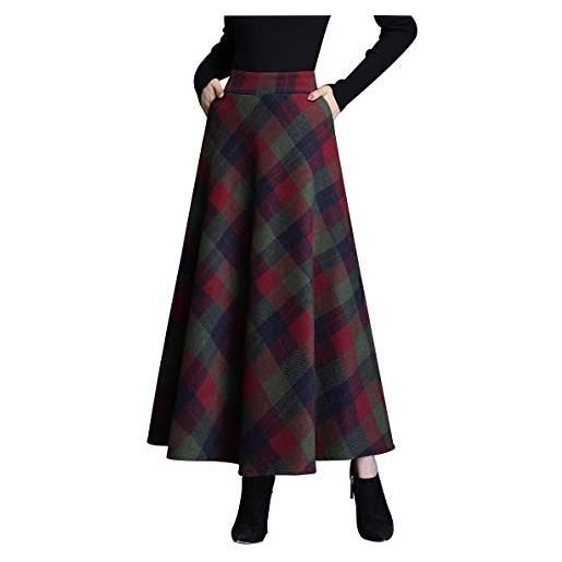 Moviendress donna vita alta gonna lunga invernali vita elastica lana scozzese vintage caldo eleganti pieghe lunghe gonne (m, nero)