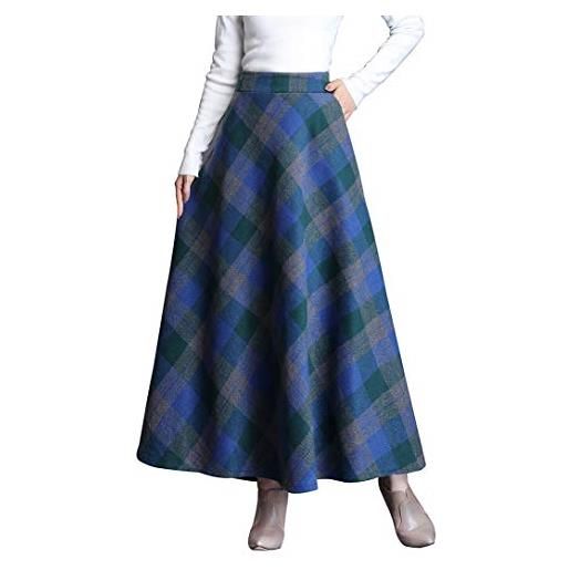 Moviendress gonne donna vita alta lunga invernali lana scozzese vintage caldo eleganti pieghe lunghe gonna swing (s/vita elasticizzata 64 cm, plaid blu)