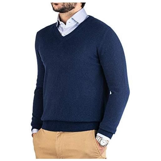Cashmere Zone-maglione uomo collo a v pullover invernale manica lunga morbido e caldo in 5% cashmere blend 25% lana, 30% viscosa e 40% poliamide (l, blu)