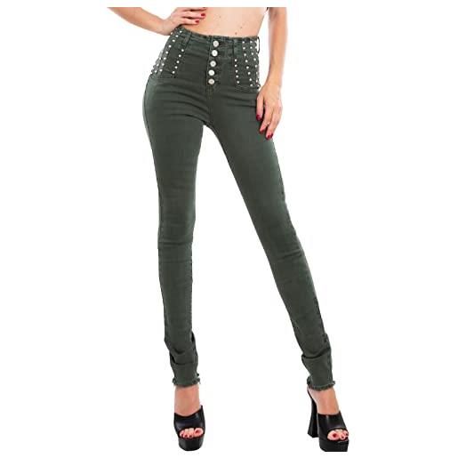 Toocool jeans donna pantaloni denim vita alta borchie skinny slim kw-50 [s, verde]