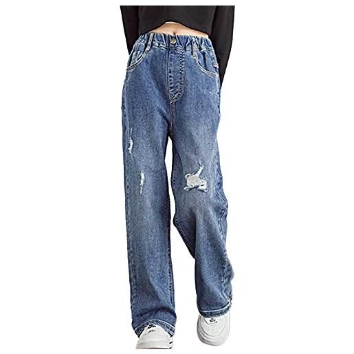 Freebily jeans bambina in cotone pantaloni larghi a vita alta pantaloni strappati con tasche loose jeans in denim elasticizzati jeans per ragazza della scuola in moda blu 11-12 anni