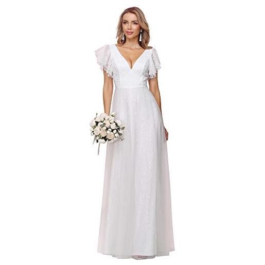 Ever-Pretty abiti da cerimonia donna linea ad a pizzo tulle scollo a v maniche corte lungo bianco 42