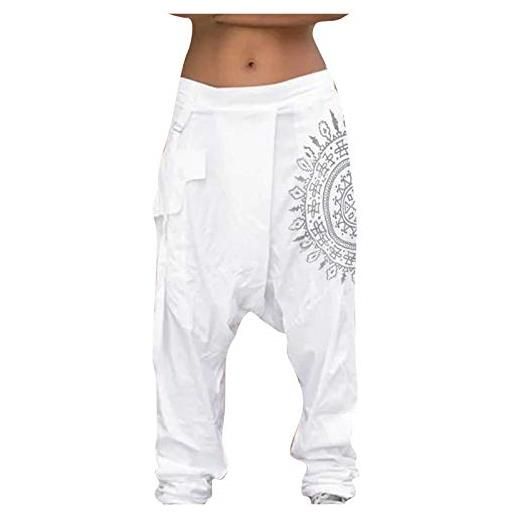 Beokeuioe hippie - pantaloni da uomo harem, con elastico, stile vintage, in cotone, stile boho, con polsini, aladdin, a-1 bianco. , xxl