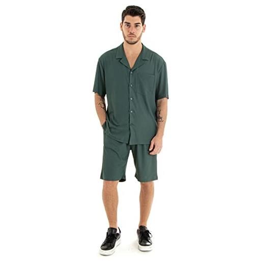 Giosal outfit uomo completo camicia pantalone corto bermuda plissé elastico coulisse taschino manica corta (s, verde)
