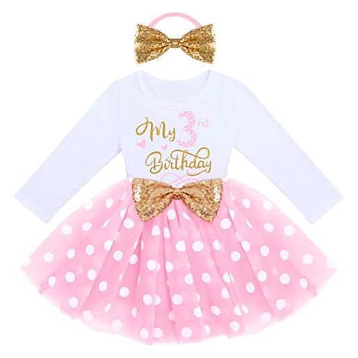 IMEKIS ragazze il mio 1 ° / 2 ° / 3 ° compleanno vestito principessa manica lunga lucente tulle vestito con fiocco bowknot fascia bambino minnie vestiti set dot rosa 1 1 anni