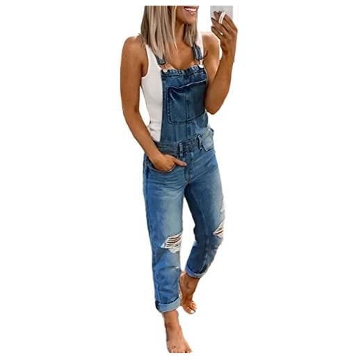 Onsoyours salopette donna jeans retrò in denim lunga regolabile cinturino senza maniche tute baggy pantaloni dungarees overall jumpsuit con tasche e azzurro xs