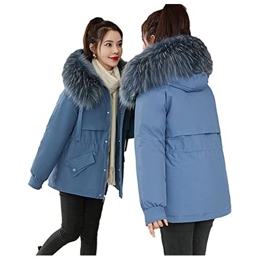 Minetom cappotto invernale da donna piumino giacca invernale lungo trench giubbotto corto giubbino con pelliccia ecologica cappuccio a blu xl