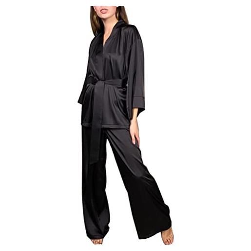 Minetom eleganti pigiama donna pigiami in raso camicia da notte sleepwear due pezzi pantaloni a maniche lunghe top con cintura a nero m