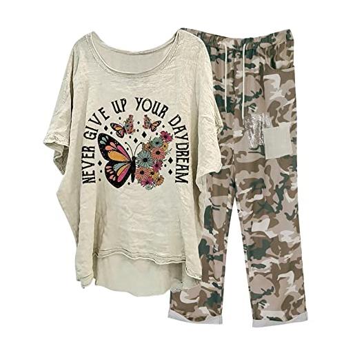 MJGkhiy tuta estiva donna completa elegante taglie forti cotone e lino leggera casual stampato completo larghi curvy tuta elegante manica corta camicia + pantaloni lino set spiaggia due pezzi