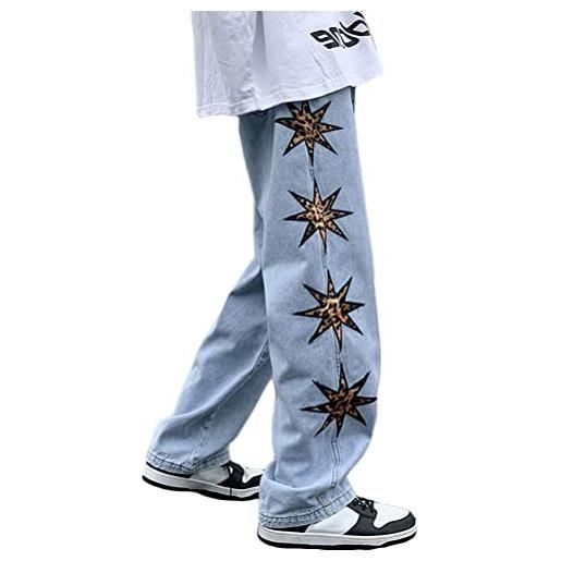 ORANDESIGNE u blu uomo hip hop jeans stampati pantaloni stile hipster jeans denim urban skate gamba dritta allentata per adolescenti vintage harajuku jeans baggy l