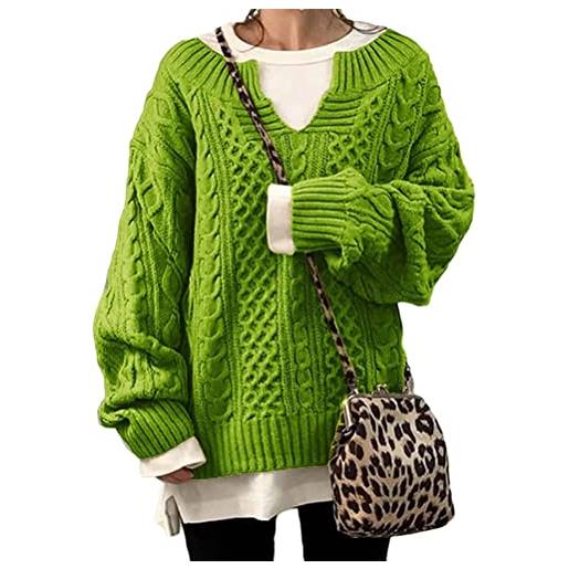 ORANDESIGNE maglione leggero a maniche lunghe con scollo a v donna autunno invernali eleganti moda pullover baggy monocromo manica lunga maglioni oversize verde m