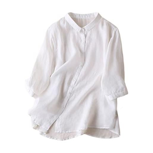 Onsoyours donna camicette in lino manica corta estivi elegante tinta unita tshirt tops camicia casual vintage bottone camicetta blusa c bianco xxl