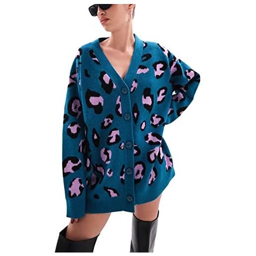 Geagodelia cardigan da donna. Lavolato a maglia per autunno/inverno cardigan stampa leopardata elegante con bottoni maglione oversize s-l (blu, m)