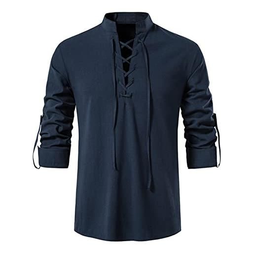 Idopy camicia henley da uomo, stile retrò, con lacci, stile punk, rinascimentale, medievale, nero , l